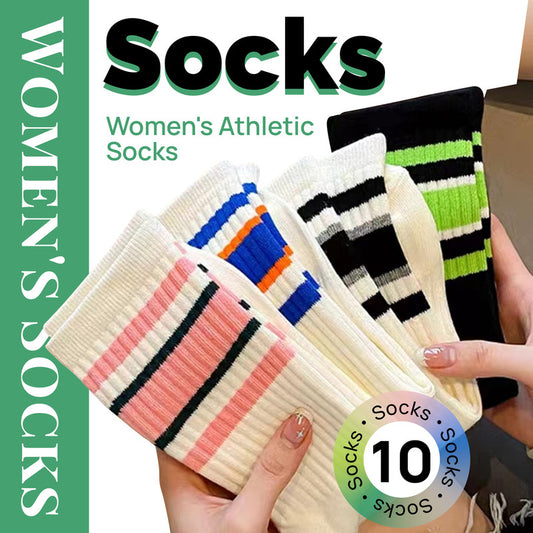 Socks - 10-Pack Women's Socks - American Retro Style - Fashionable Color-Blocking - Sporty Striped Socks - V1265-W17-10