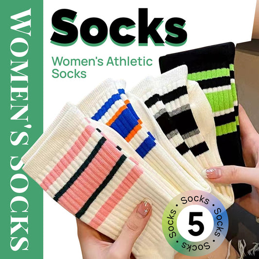 Socks - 5-Pack Women's Socks - American Retro Style - Fashionable Color-Blocking - Sporty Striped Socks - V1265-W17-5