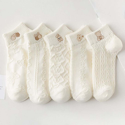 5-Pair White Series Ankle Socks, Women's Cute Socks - Printed Socks - House Socks - Casual Socks. V1265-W21-5