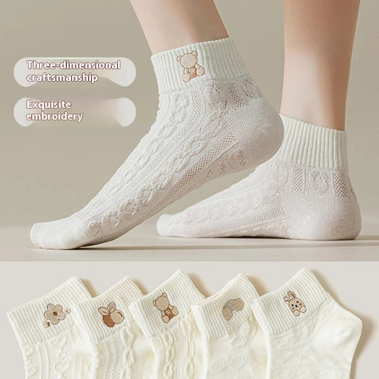 5-Pair White Series Ankle Socks, Women's Cute Socks - Printed Socks - House Socks - Casual Socks. V1265-W21-5