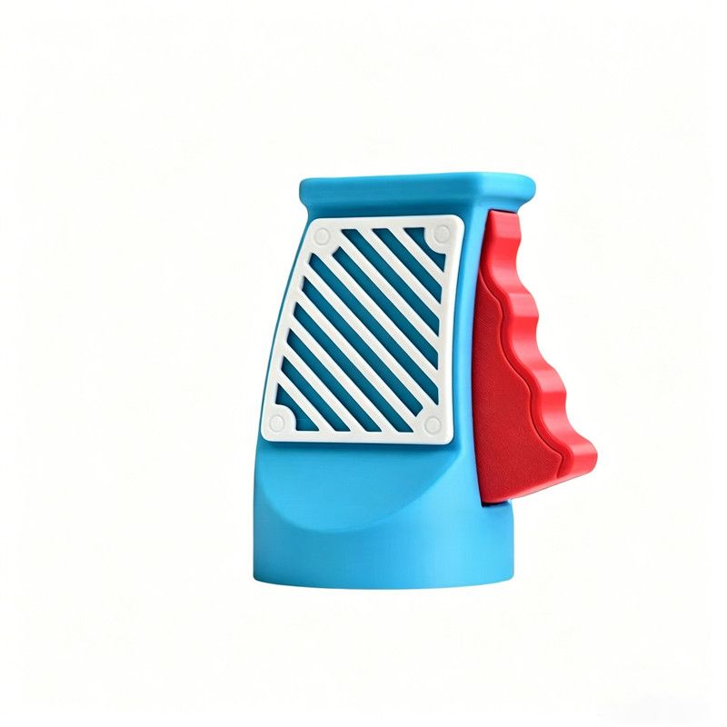 3D printed desktop ornament of a one-handed can opener, for beverages. Light blue V1265-YY-42