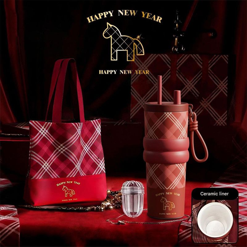 Large Capacity Insulated Cup - Birthday Gift, Ceramic Liner Straw Tumbler - Red V1265-YY-67