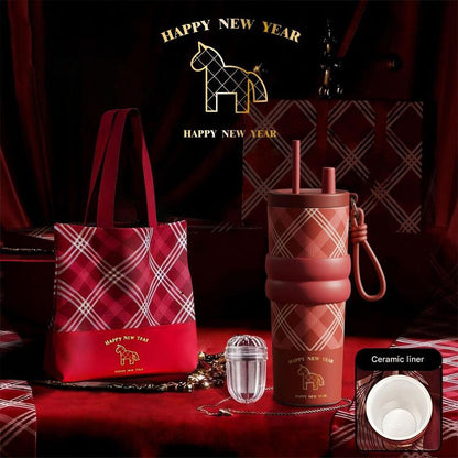 Large Capacity Insulated Cup - Birthday Gift, Ceramic Liner Straw Tumbler - Red V1265-YY-67