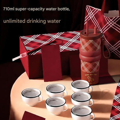 Large Capacity Insulated Cup - Birthday Gift, Ceramic Liner Straw Tumbler - Red V1265-YY-67