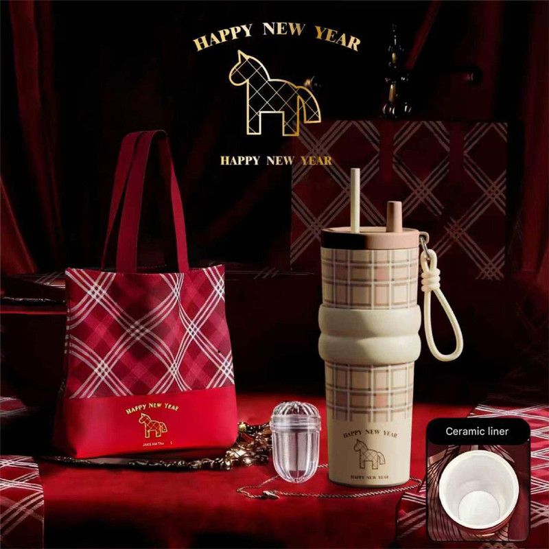 Large Capacity Insulated Cup - Birthday Gift, Ceramic Liner Straw Tumbler - Khaki V1265-YY-69