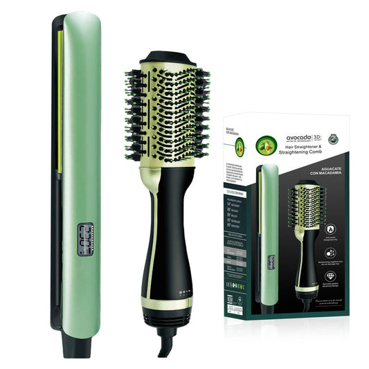 Green Hair Straightening Comb Avocado & Macadamia Oil Infused Hair Straightener & Volumizing Brush Set - V1268-MZ00052