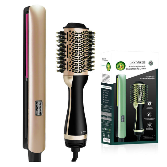 Yellow Straightening Comb Avocado & Macadamia Oil Infused Hair Straightener & Volumizing Brush Set - V1268-MZ00053