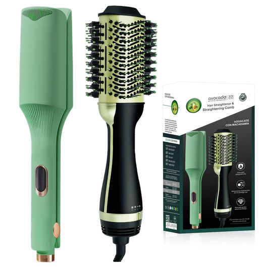 Green Curling and Straightening Iron Avocado & Macadamia Oil Infused Hair Straightener & Volumizing Brush Set V1268-MZ00054