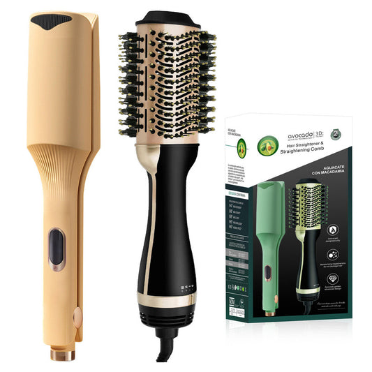 Yellow Curly Hair Straightener Avocado & Macadamia Oil Infused Hair Straightener & Volumizing Brush Set - V1268-MZ00055