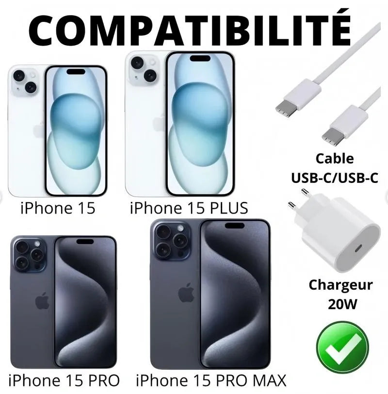 20W USB-C Fast Charger with 1m Cable - White, Compatible with iPhone 15/16/17 V1293-20WBS