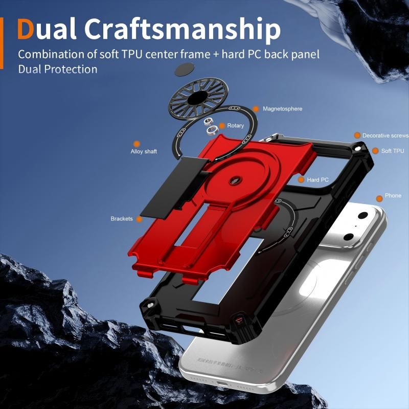 Armor Heavy Duty Magnetic Rotating Ring Kickstand Phone Case For iPhone 15, Anti-Drop Protective Cover In Red V1293-559868321654