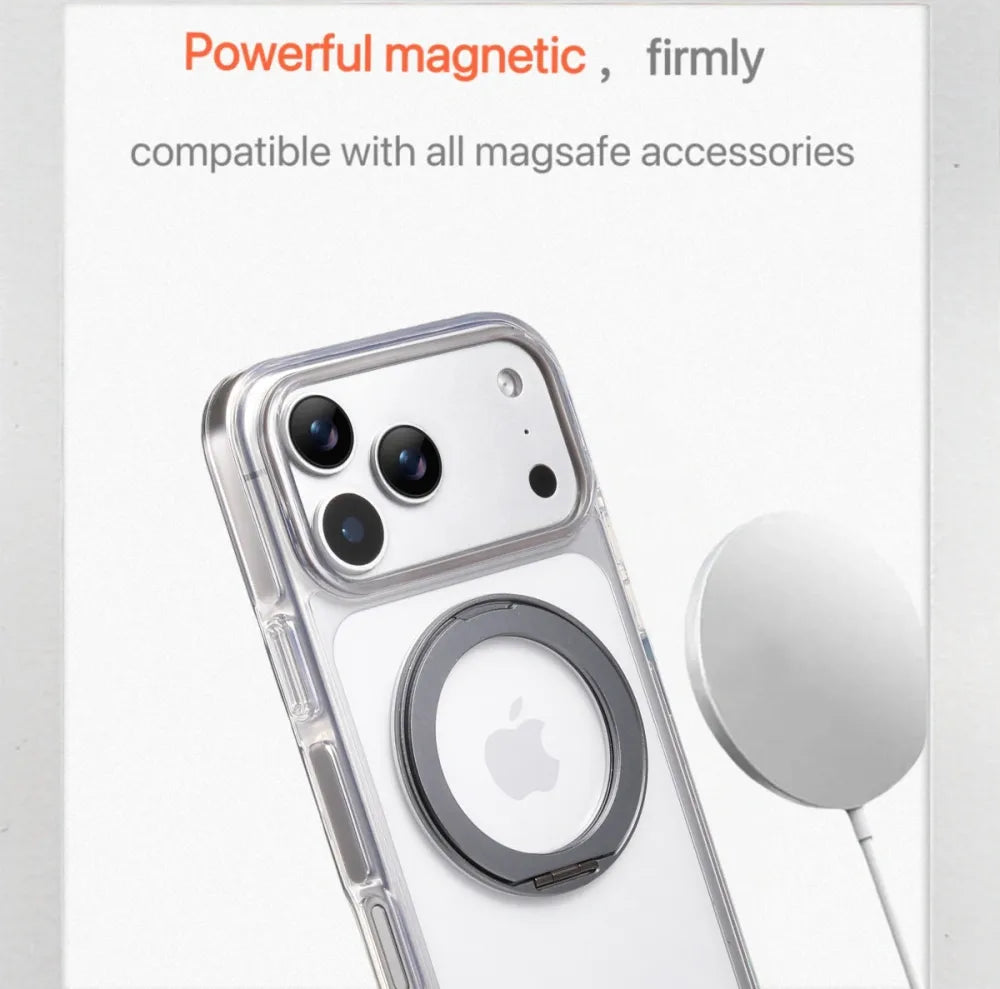 Clear MagSafe iPhone 17 Pro Max Case with 360 degrees Rotating Ring Stand - Grey Edition V1293-MCH51516