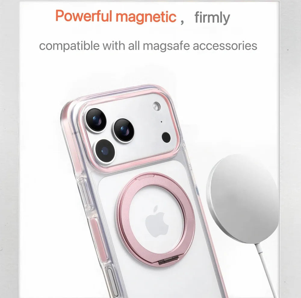 Clear MagSafe iPhone 17 Pro Case with 360 degrees Rotating Ring Stand - Pink Edition V1293-MCH5155