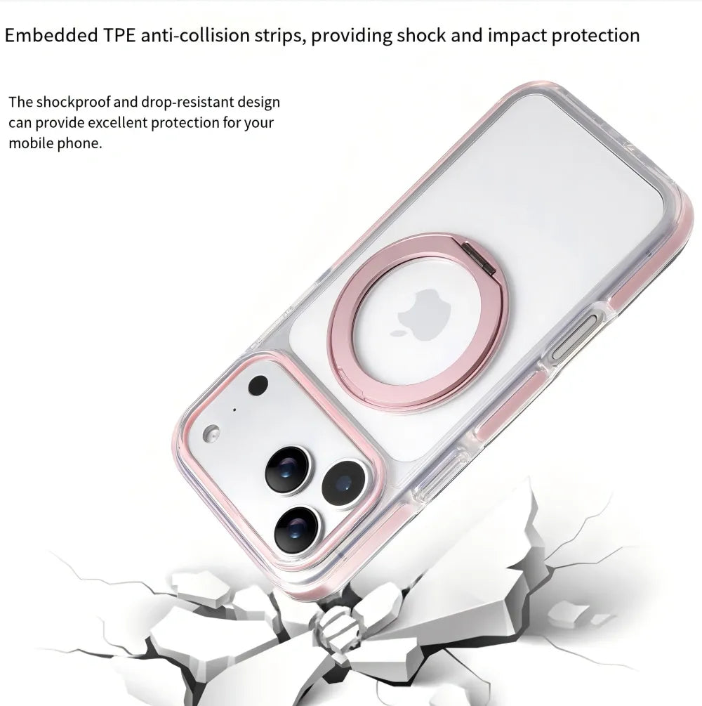 Clear MagSafe iPhone 17 Pro Case with 360 degrees Rotating Ring Stand - Pink Edition V1293-MCH5155