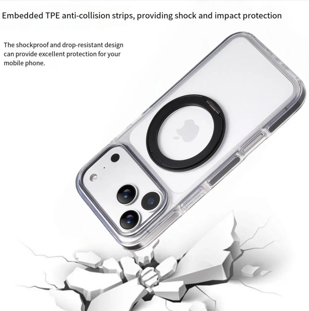 Clear MagSafe iPhone 17 Pro Max Case with 360 degrees Rotating Ring Stand - Black Edition V1293-MCH5158