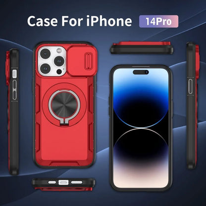 2-in-1 Magnetic Sliding Lens Case, Red for iPhone 14 Pro V1293-MCHHHS-14PRO
