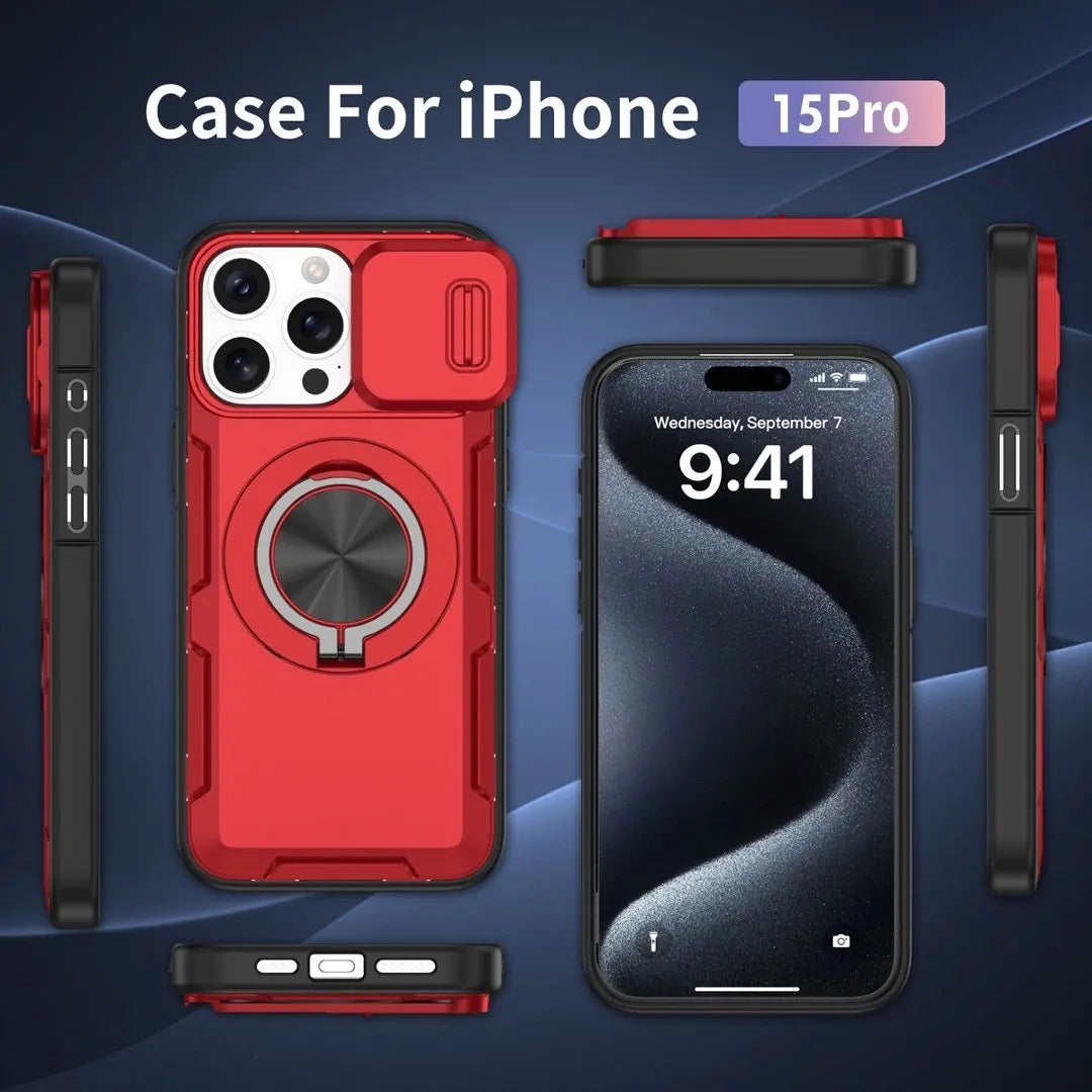2-in-1 Magnetic Sliding Lens Case, Red for iPhone 15 Pro V1293-MCHHHS-15PRO