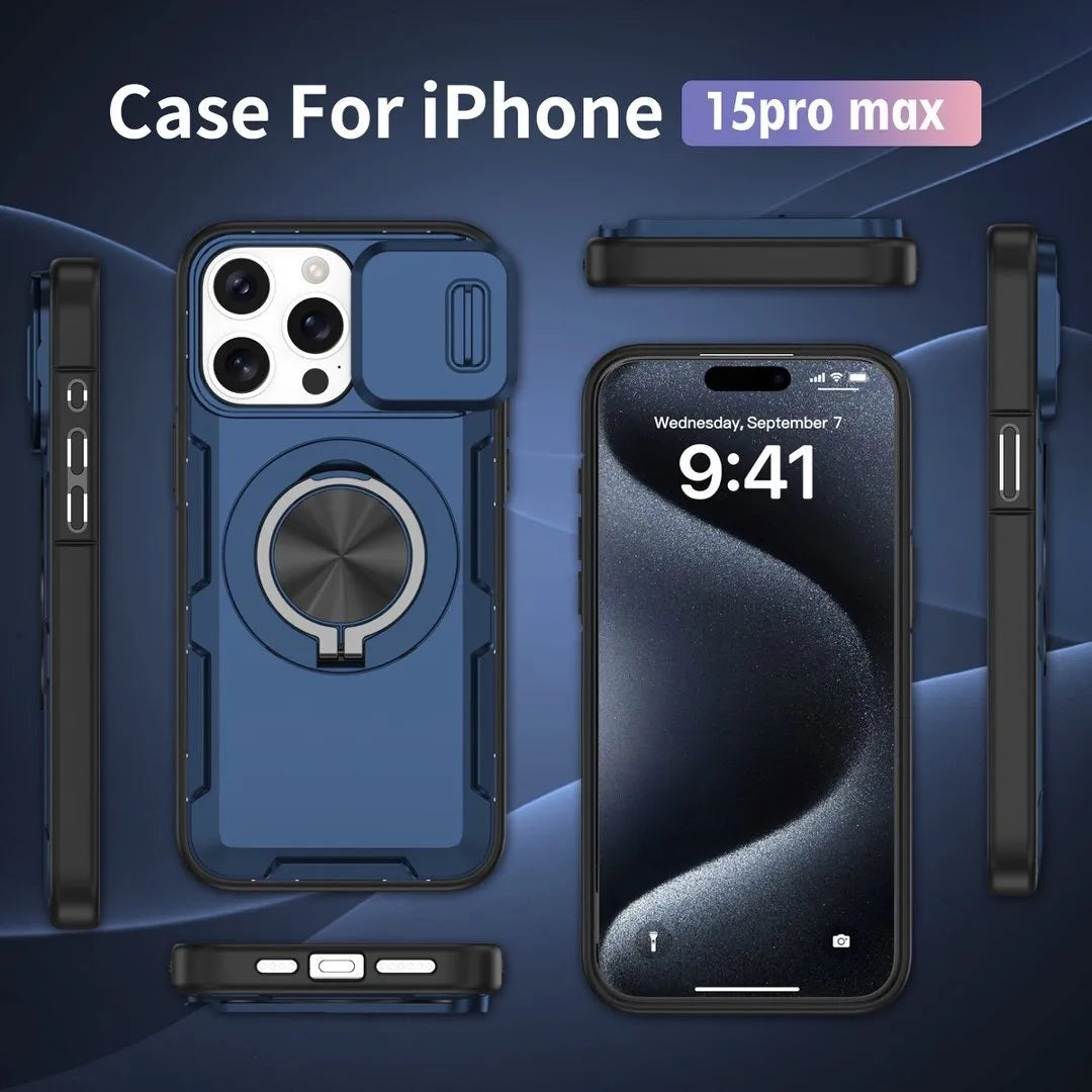 2-in-1 Magnetic Sliding Lens Case, Blue for iPhone 15 Pro Max V1293-MCHLS-15PM