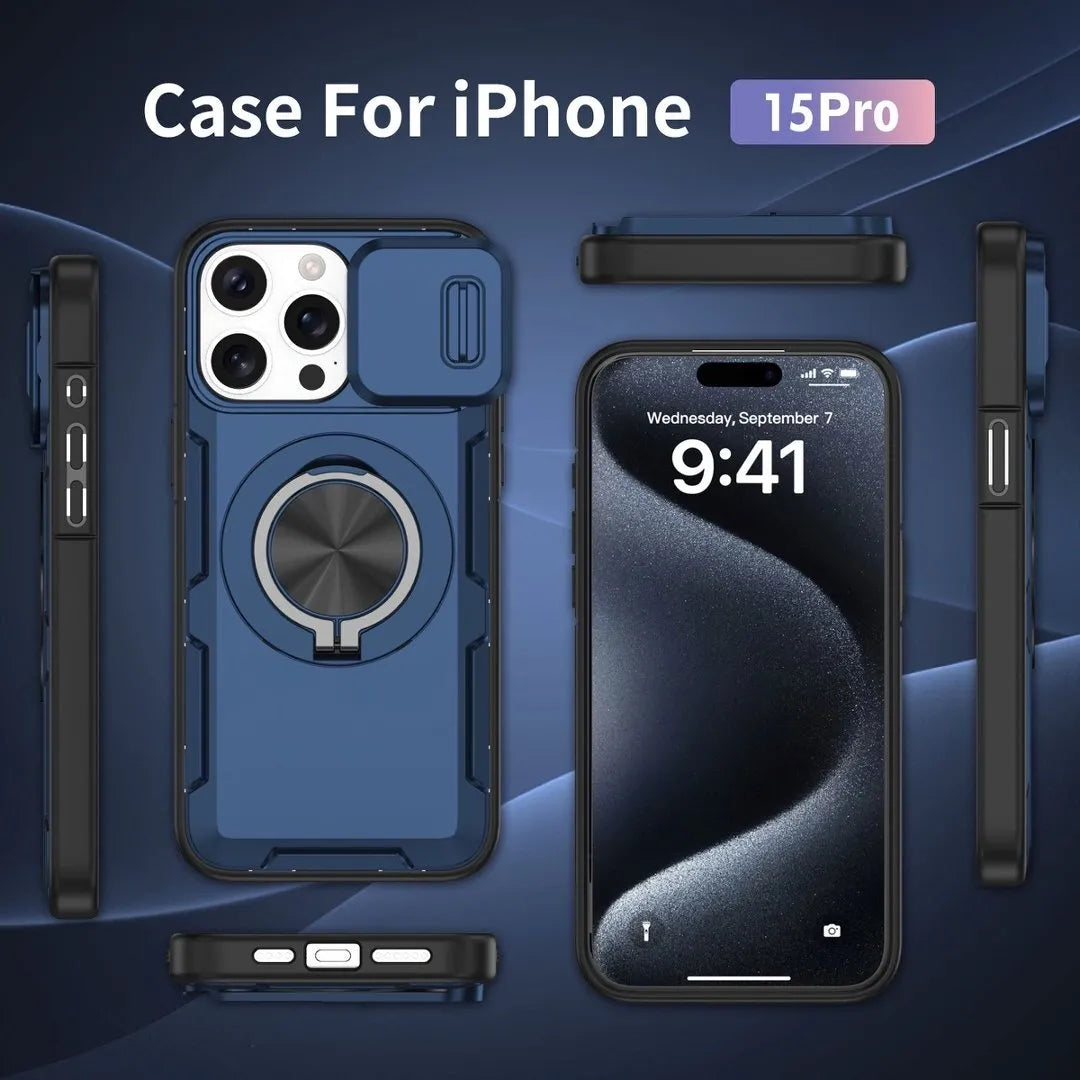 2-in-1 Magnetic Sliding Lens Case, Blue for iPhone 15 Pro V1293-MCHLS-15PRO