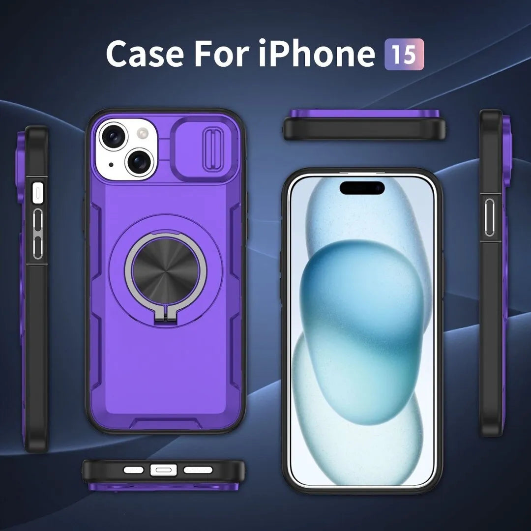 2-in-1 Magnetic Sliding Lens Case, Purple for iPhone 15 V1293-MCHZS-15