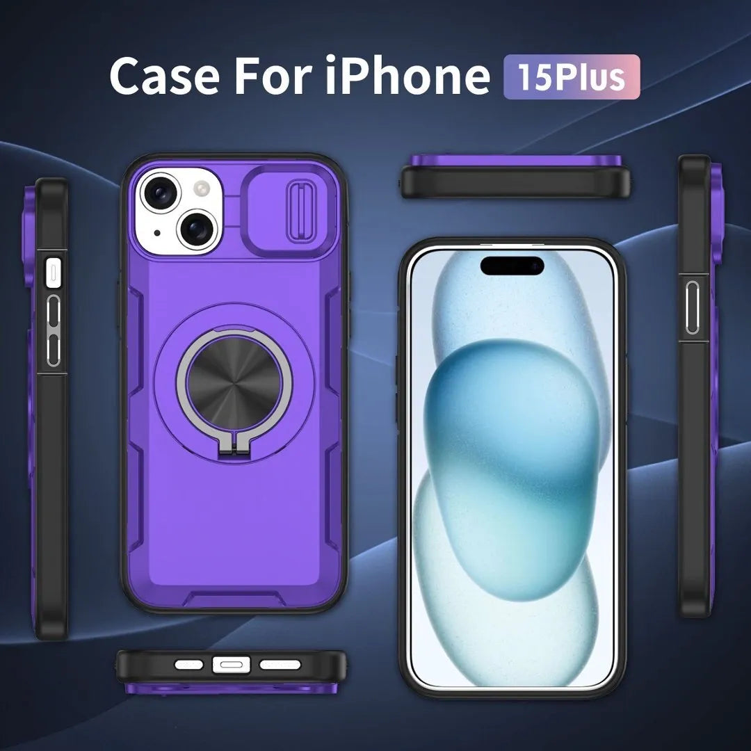 2-in-1 Magnetic Sliding Lens Case, Purple for iPhone 15 Plus V1293-MCHZS-15PLUS