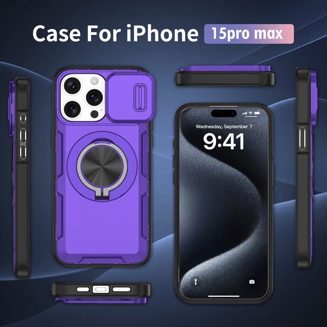 2-in-1 Magnetic Sliding Lens Case, Purple for iPhone 15Pro Max V1293-MCHZS-15PM