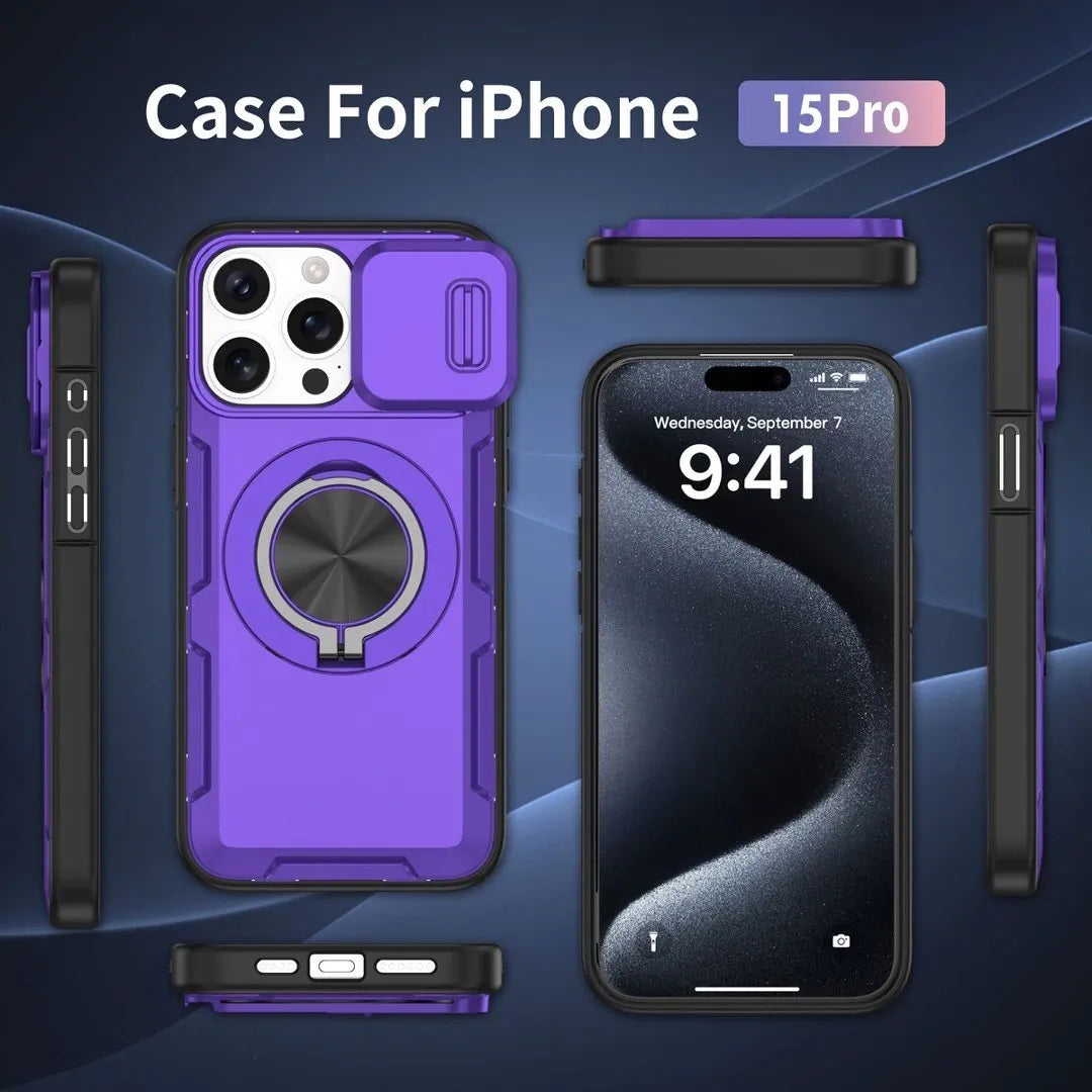 2-in-1 Magnetic Sliding Lens Case, Purple for iPhone 15 Pro V1293-MCHZS-15PRO