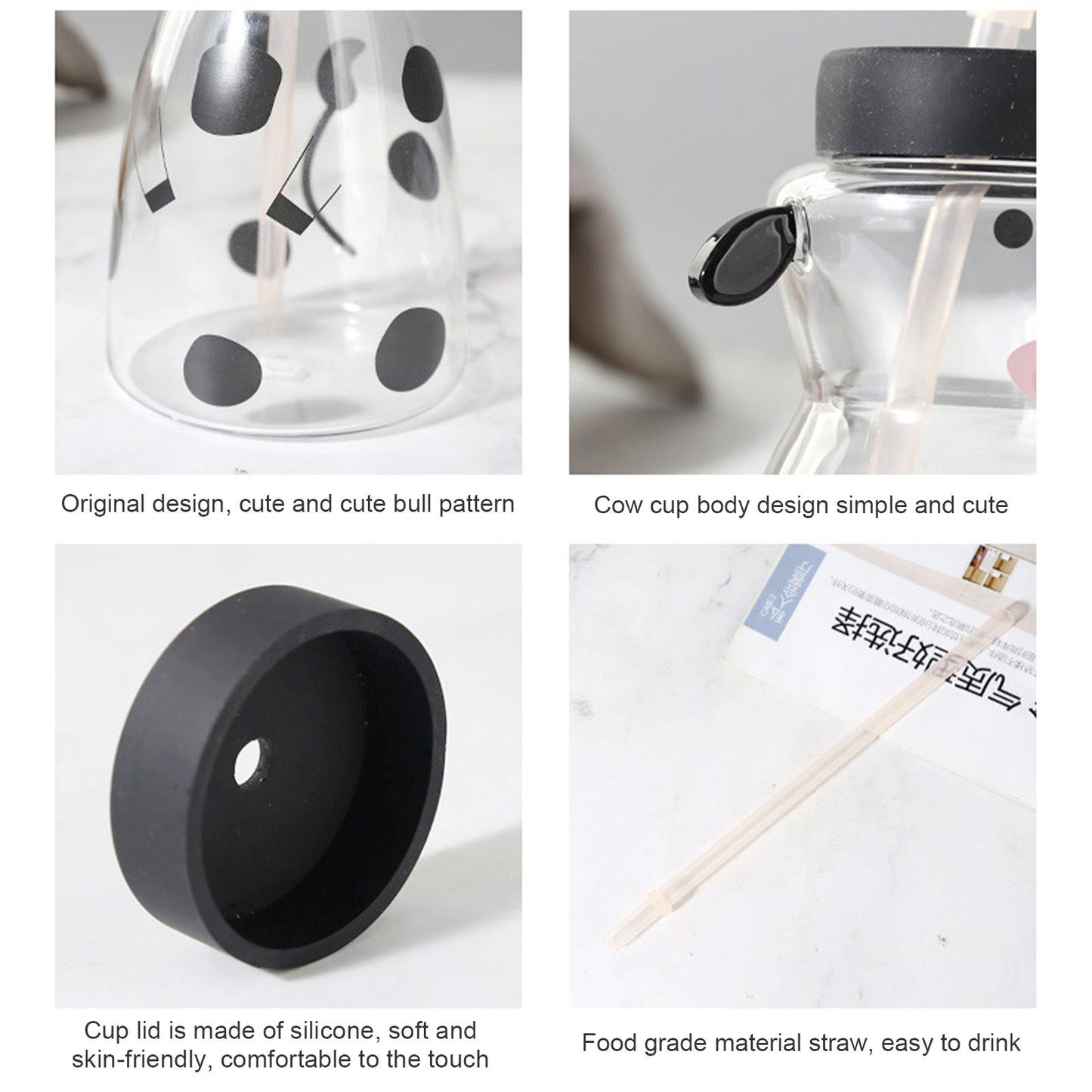 600MLCreative Glass Straw Cup Cow Shape Glass Cup with Straw V1294-YM0512-230316HR48