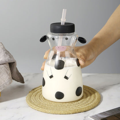 600MLCreative Glass Straw Cup Cow Shape Glass Cup with Straw V1294-YM0512-230316HR48