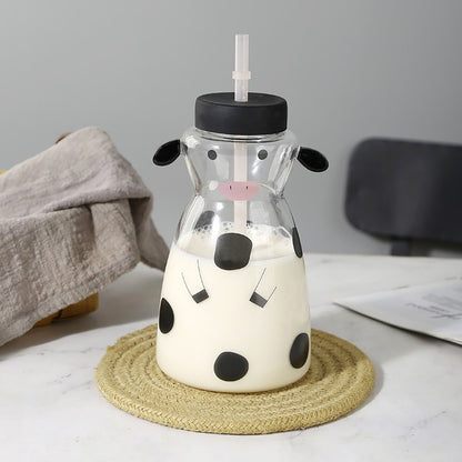 600MLCreative Glass Straw Cup Cow Shape Glass Cup with Straw V1294-YM0512-230316HR48