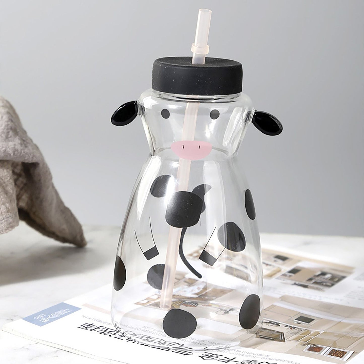 600MLCreative Glass Straw Cup Cow Shape Glass Cup with Straw V1294-YM0512-230316HR48