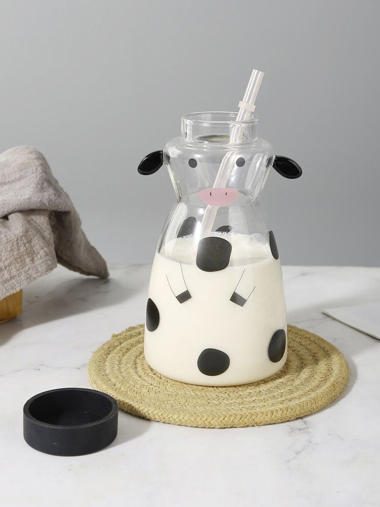 600MLCreative Glass Straw Cup Cow Shape Glass Cup with Straw V1294-YM0512-230316HR48
