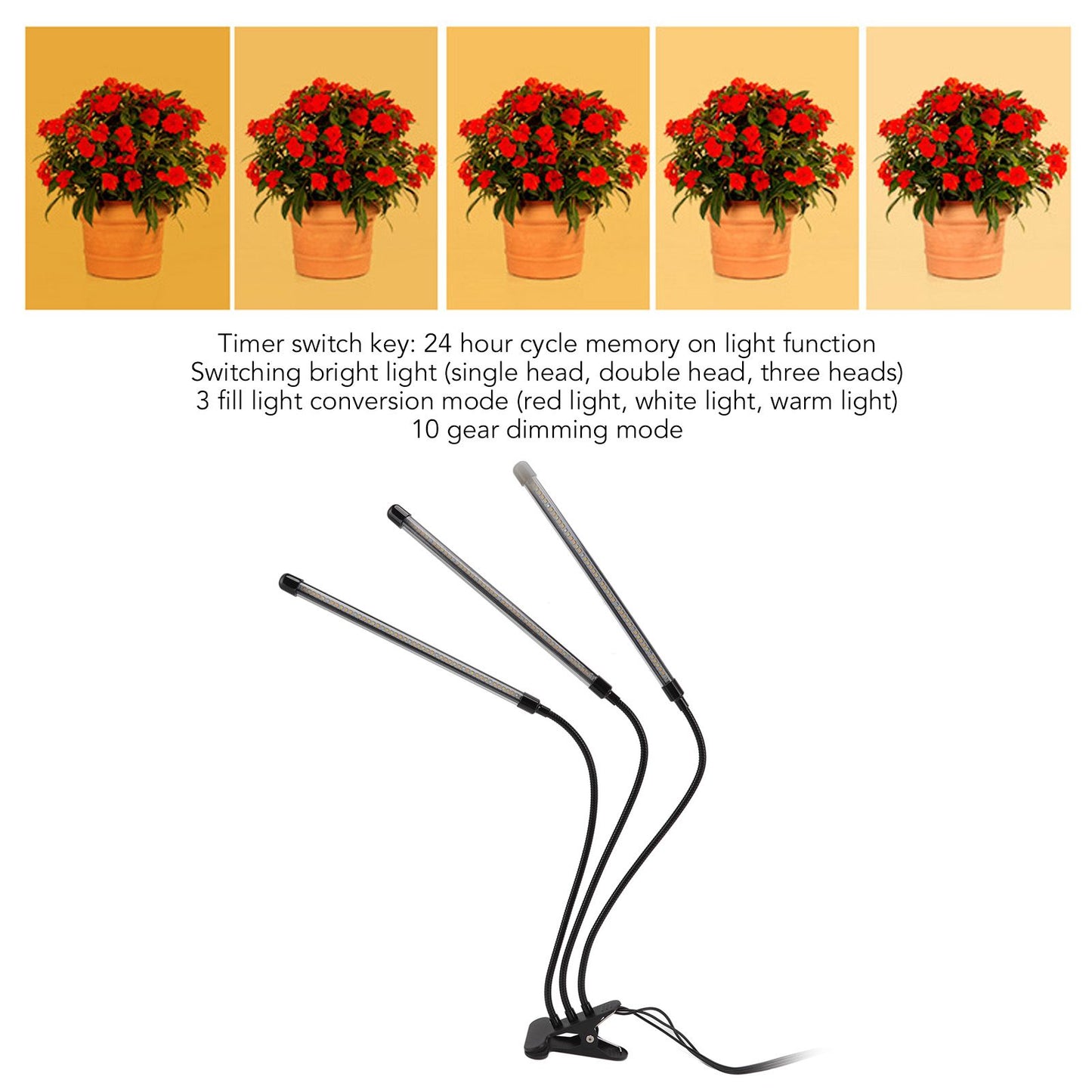 3 Head Clip Plant Light Full Spectrum Red White Warm Light 10 Level Dimmable USB LED Plant Growing Lamp with V1294-YM0512-3111220285211