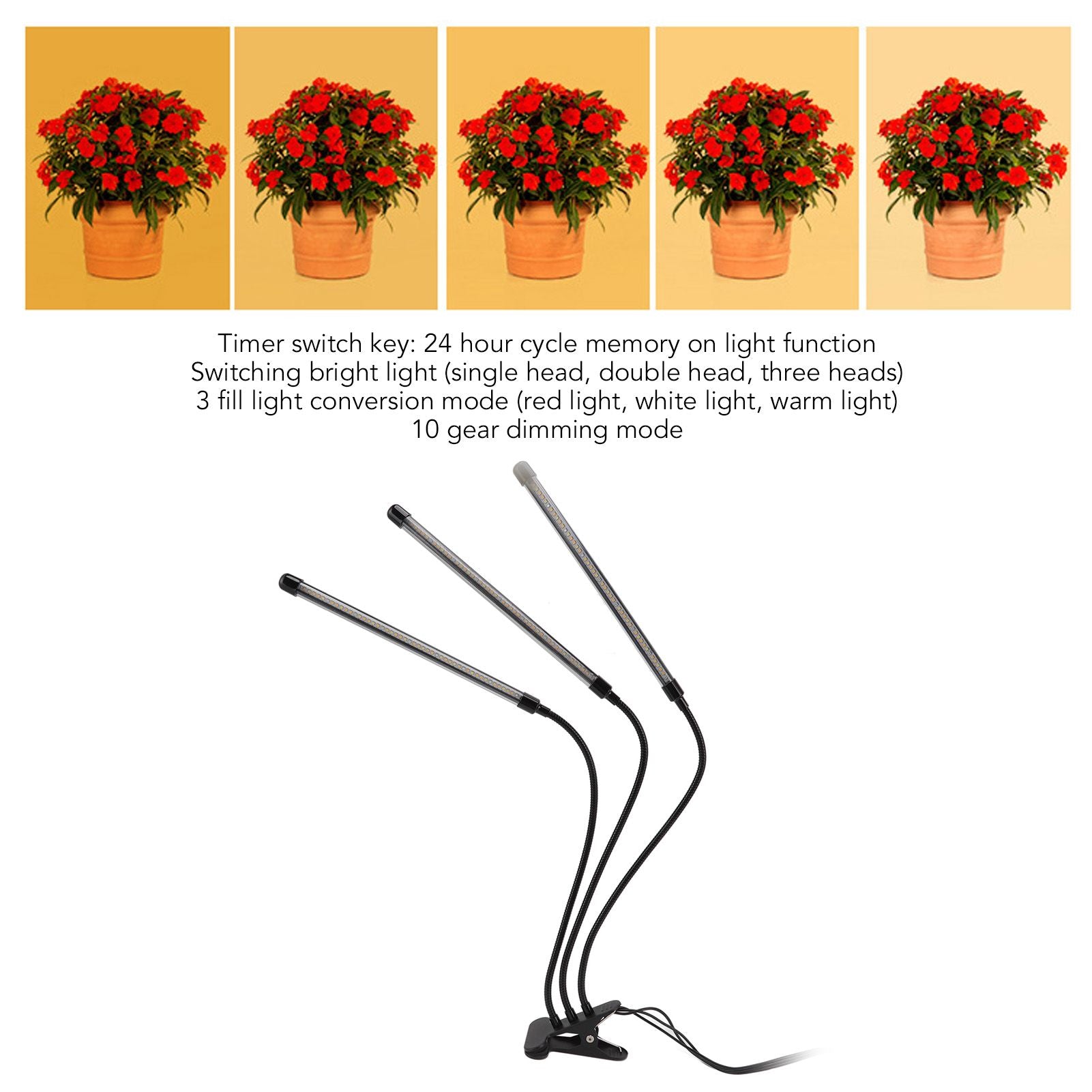 3 Head Clip Plant Light Full Spectrum Red White Warm Light 10 Level Dimmable USB LED Plant Growing Lamp with V1294-YM0512-3111220285211