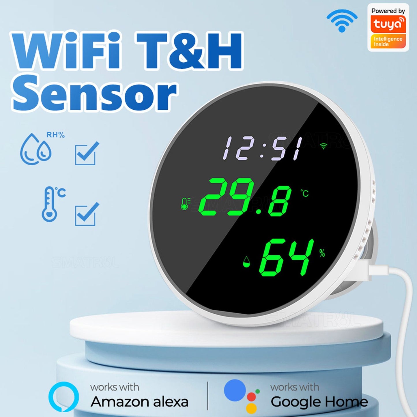 WiFi Thermometer Hygrometer High Accuracy Voice Control Smart Temperature Humidity Sensor with LED for Homes V1294-YM0512-3111220290011