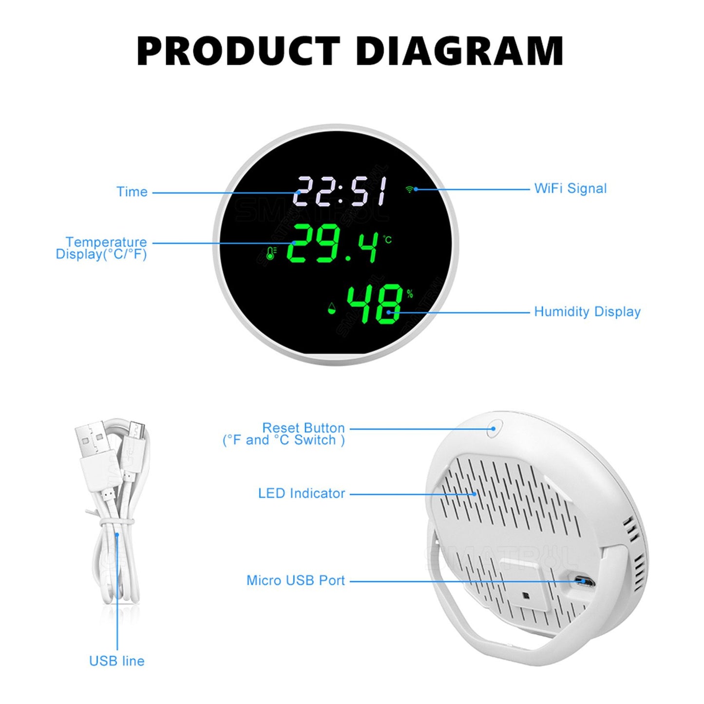 WiFi Thermometer Hygrometer High Accuracy Voice Control Smart Temperature Humidity Sensor with LED for Homes V1294-YM0512-3111220290011