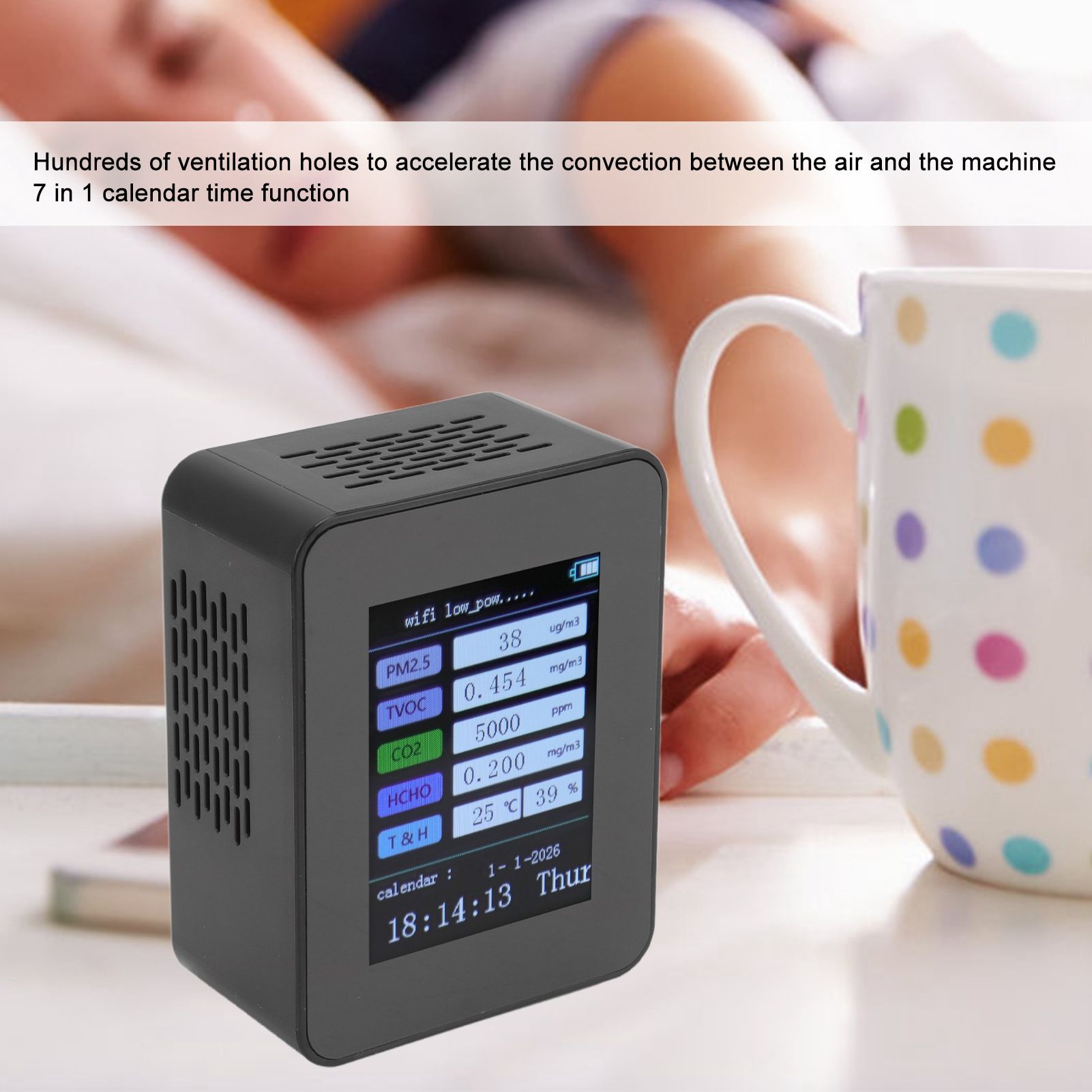 Indoor Air Quality Monitor for TUYA WiFi Smart PM2.5 Formaldehyde Testing 7 in 1 Calendar Time Function Air V1294-YM0512-3111220291511