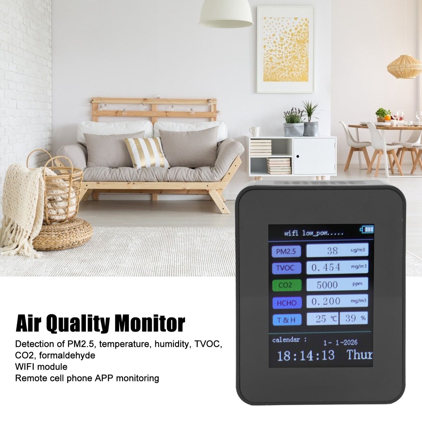 Indoor Air Quality Monitor for TUYA WiFi Smart PM2.5 Formaldehyde Testing 7 in 1 Calendar Time Function Air V1294-YM0512-3111220291511