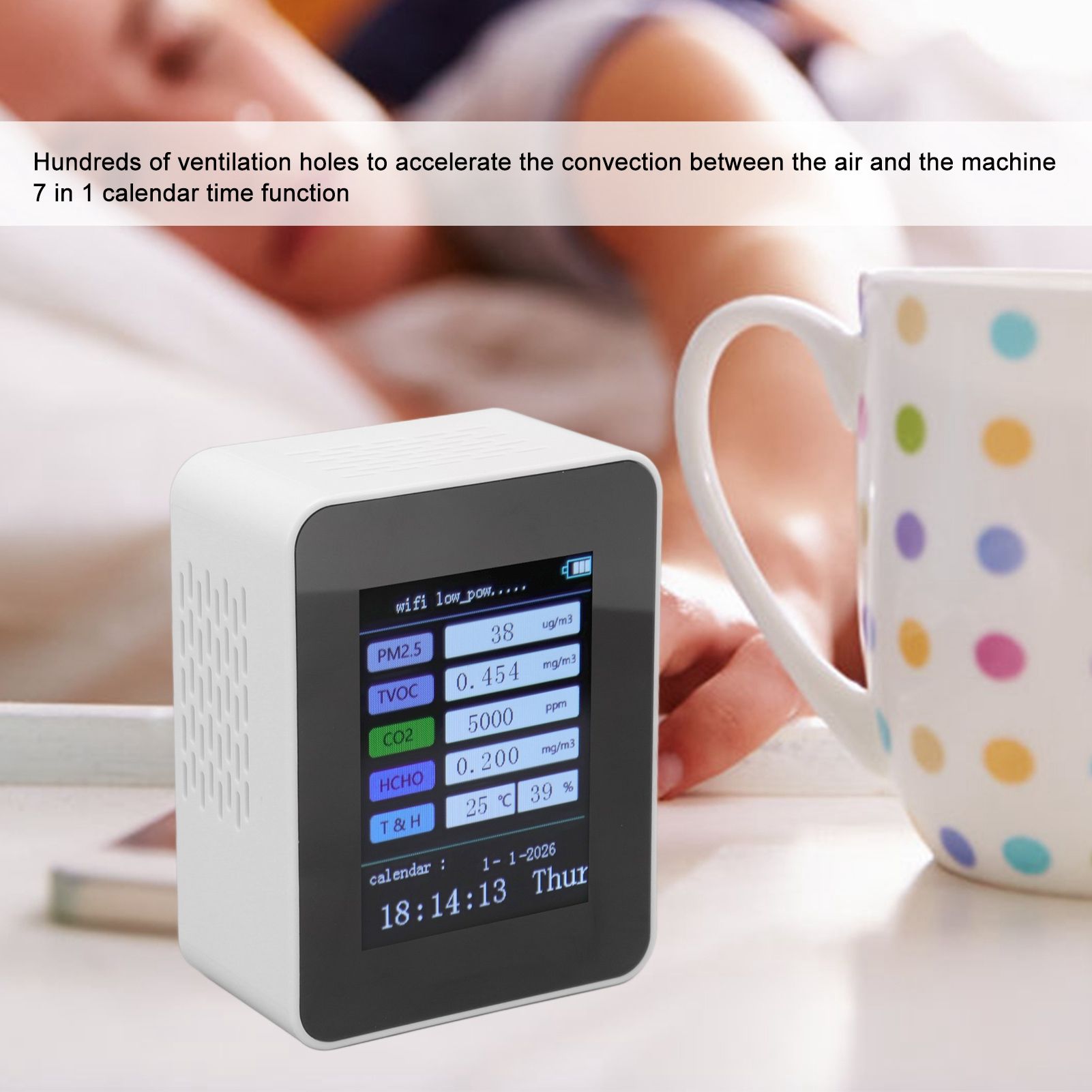 Indoor Air Quality Monitor for TUYA WiFi Smart PM2.5 Formaldehyde Testing 7 in 1 Calendar Time Function Air V1294-YM0512-3111220291512