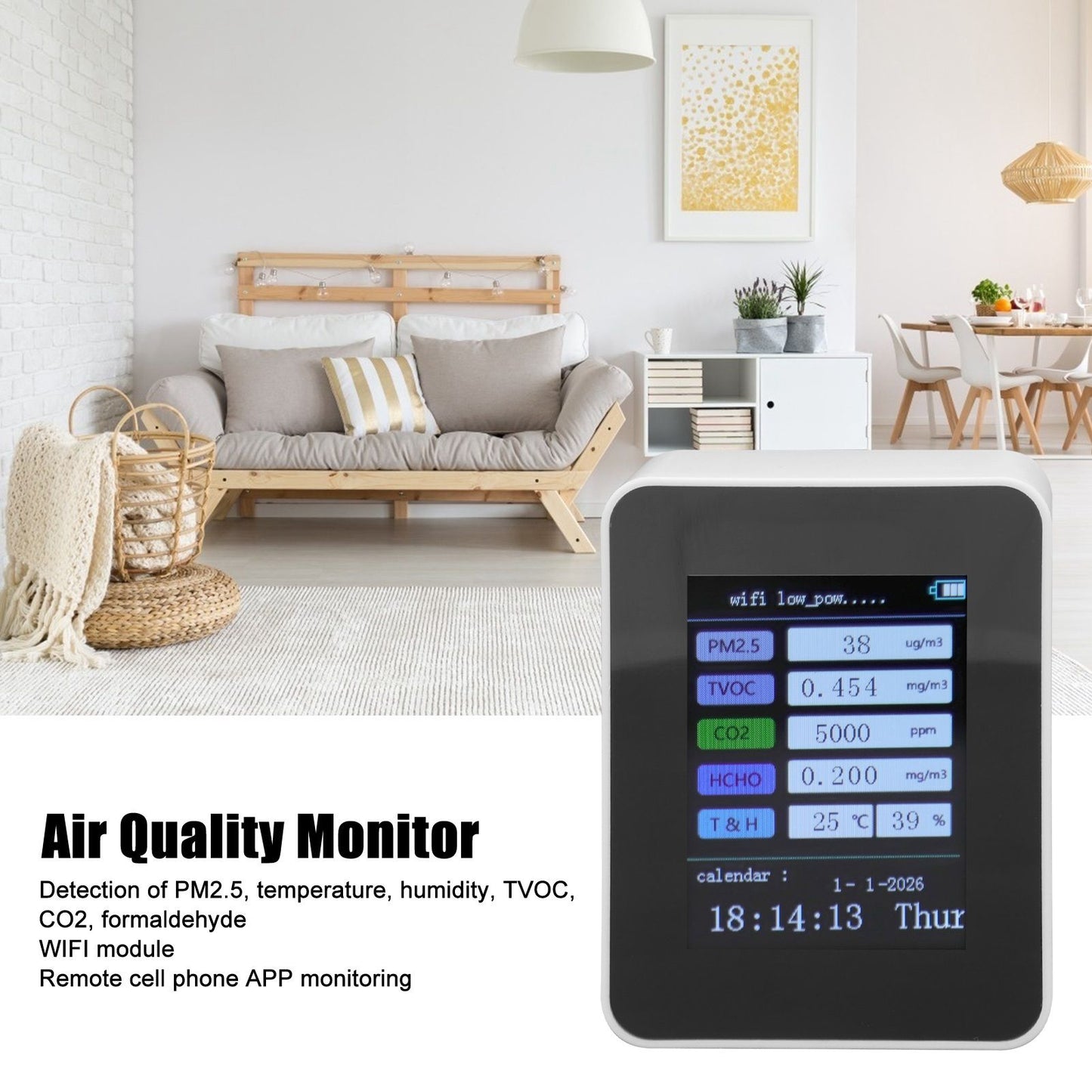 Indoor Air Quality Monitor for TUYA WiFi Smart PM2.5 Formaldehyde Testing 7 in 1 Calendar Time Function Air V1294-YM0512-3111220291512