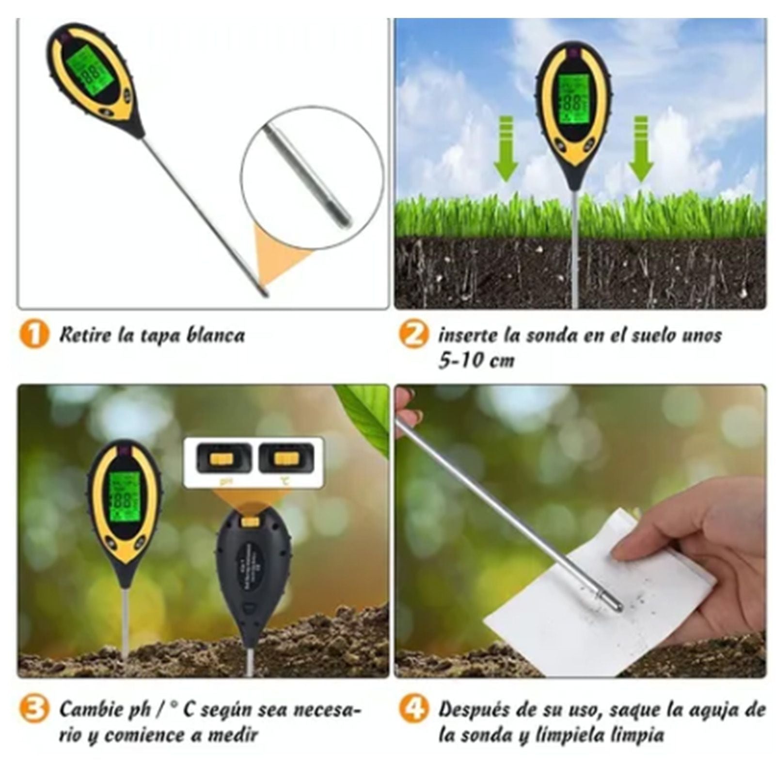 4 In 1 Soil Meter Temperature Sunlight Moisture PH Soil Tester for Family Orchard Agriculture Rice Vegetable V1294-YM0512-3111220293411