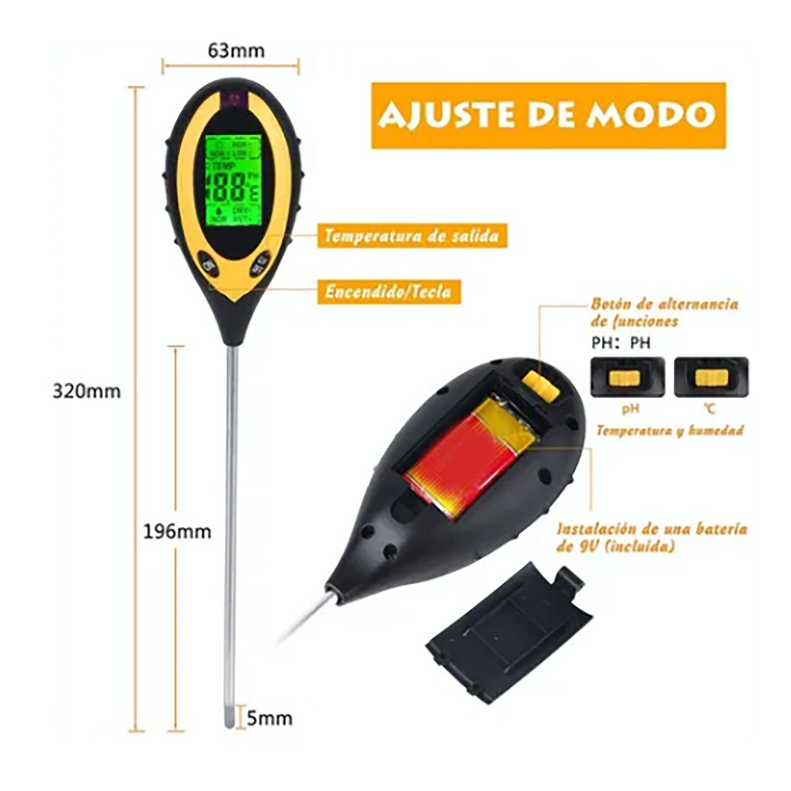 4 In 1 Soil Meter Temperature Sunlight Moisture PH Soil Tester for Family Orchard Agriculture Rice Vegetable V1294-YM0512-3111220293411