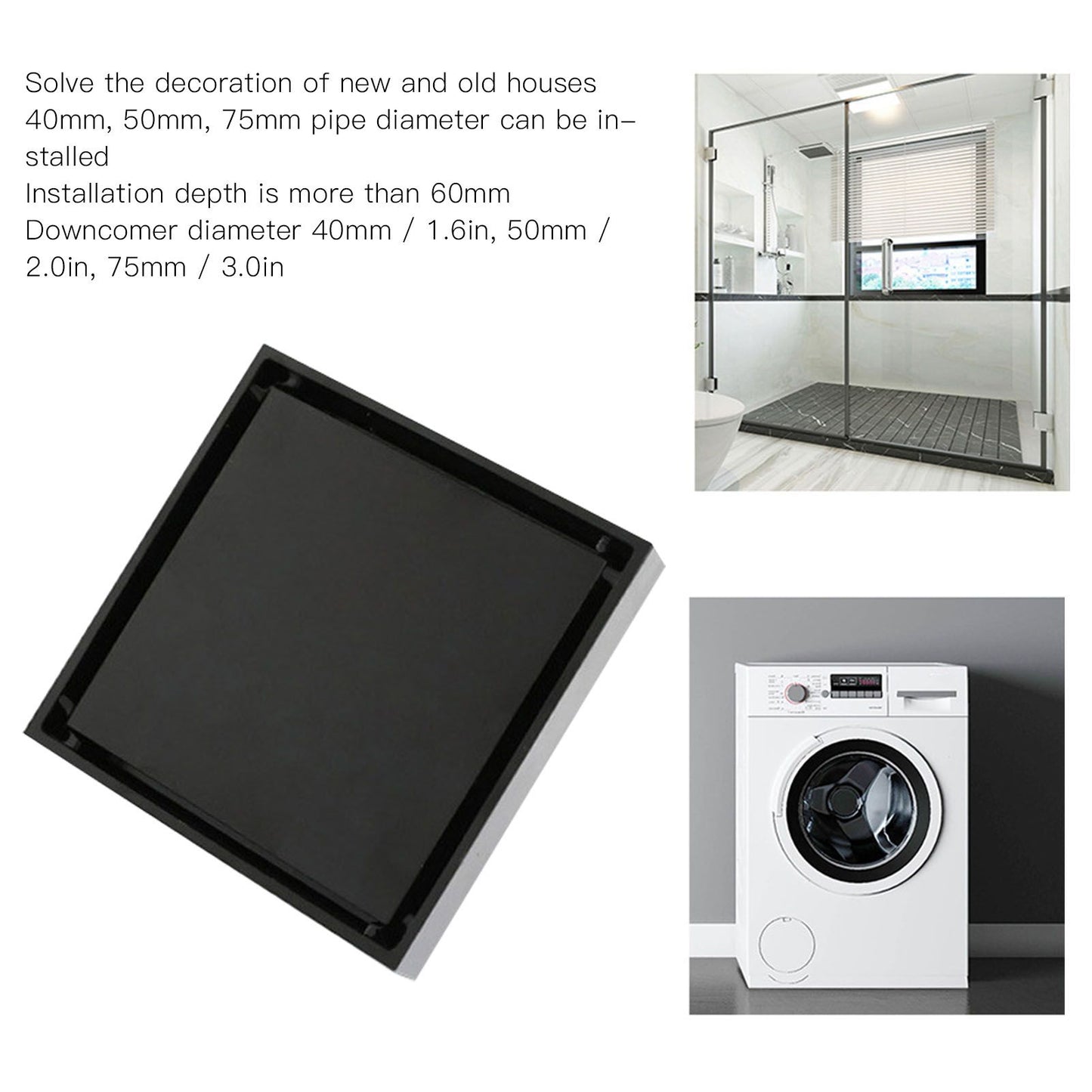 4 Inch Square Invisible Shower Drain Stainless Steel Anti Odor Bathroom Floor Drain 1.3mm Tileable Black V1294-YM0512-3112220070911