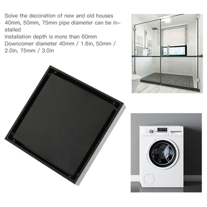 4 Inch Square Invisible Shower Drain Stainless Steel Anti Odor Bathroom Floor Drain 1.3mm Tileable Black V1294-YM0512-3112220070911