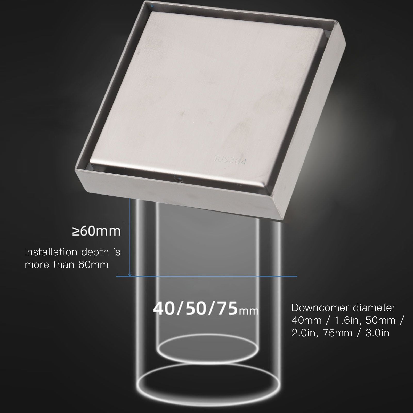 4 Inch Square Invisible Shower Drain Stainless Steel Anti Odor Bathroom Floor Drain 1.3mm Tileable Brushed V1294-YM0512-3112220070913