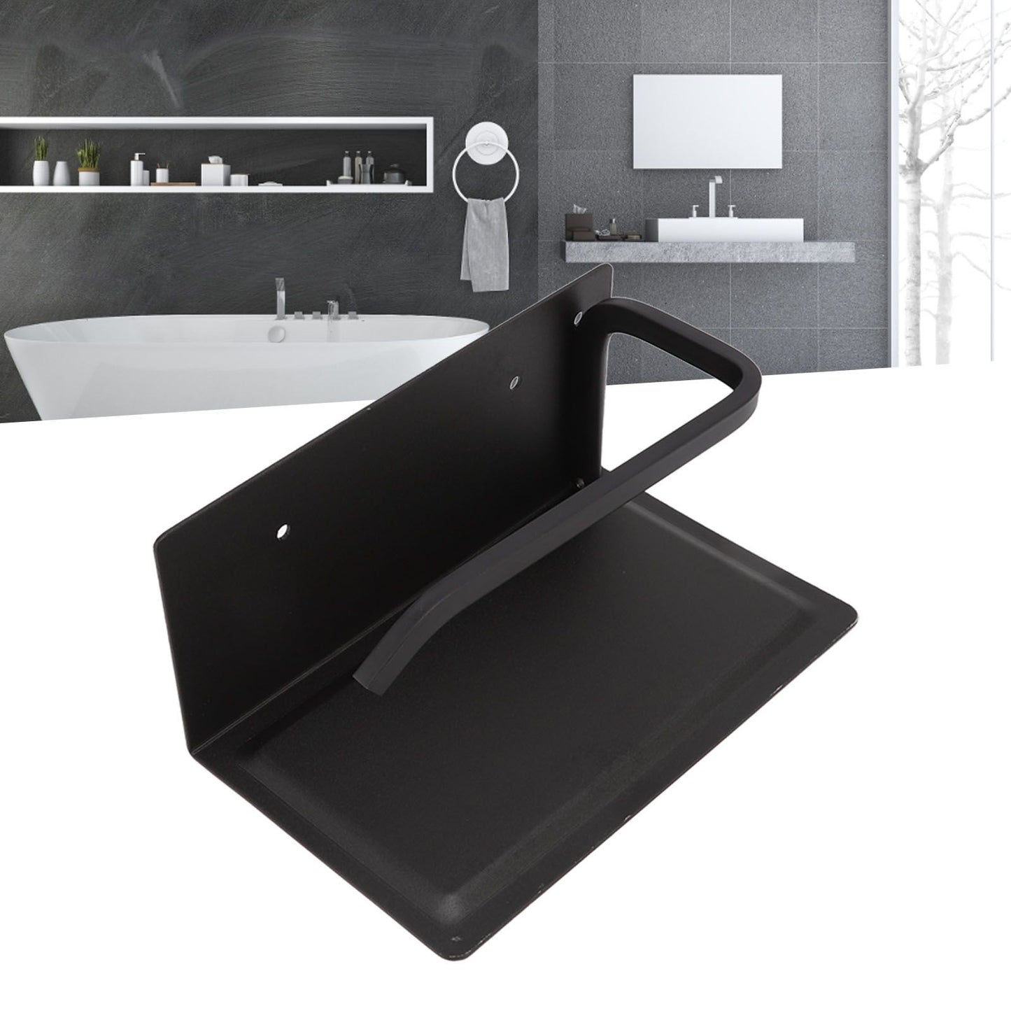 Wall Mounted Tissue Holder Toilet Tissue Bracket Bathroom Paper Roll Hanger with Phone Shelf Black V1294-YM0512-3112220081111