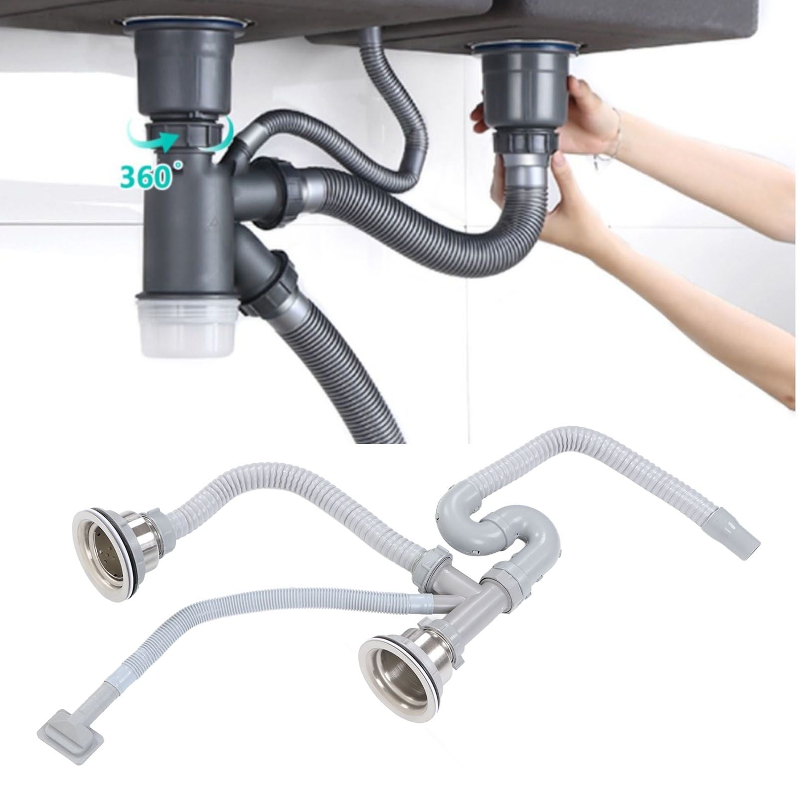 Kitchen Sink Drainer Pipe Stainless Steel S Bent with Double Drains Sewer Pipe Set for Bathroom Home V1294-YM0512-3112220081811