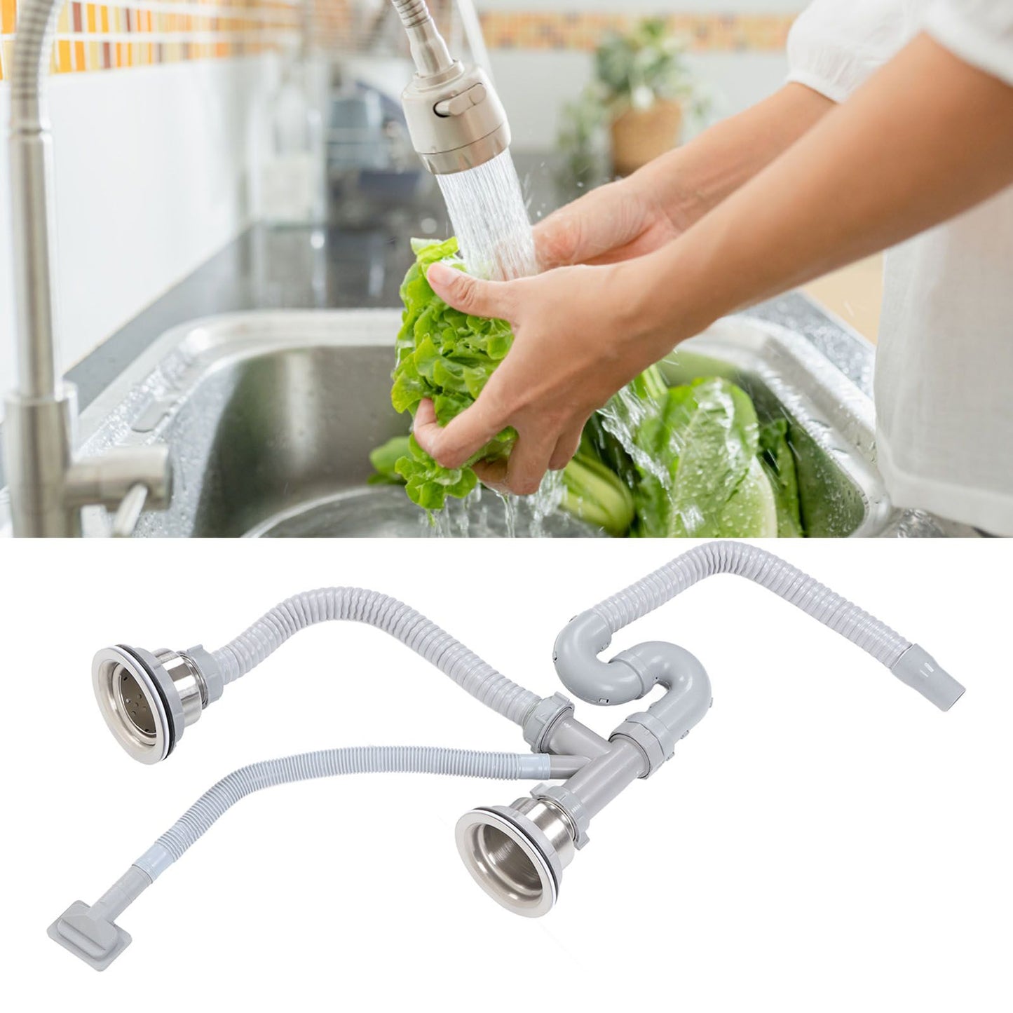 Kitchen Sink Drainer Pipe Stainless Steel S Bent with Double Drains Sewer Pipe Set for Bathroom Home V1294-YM0512-3112220081811