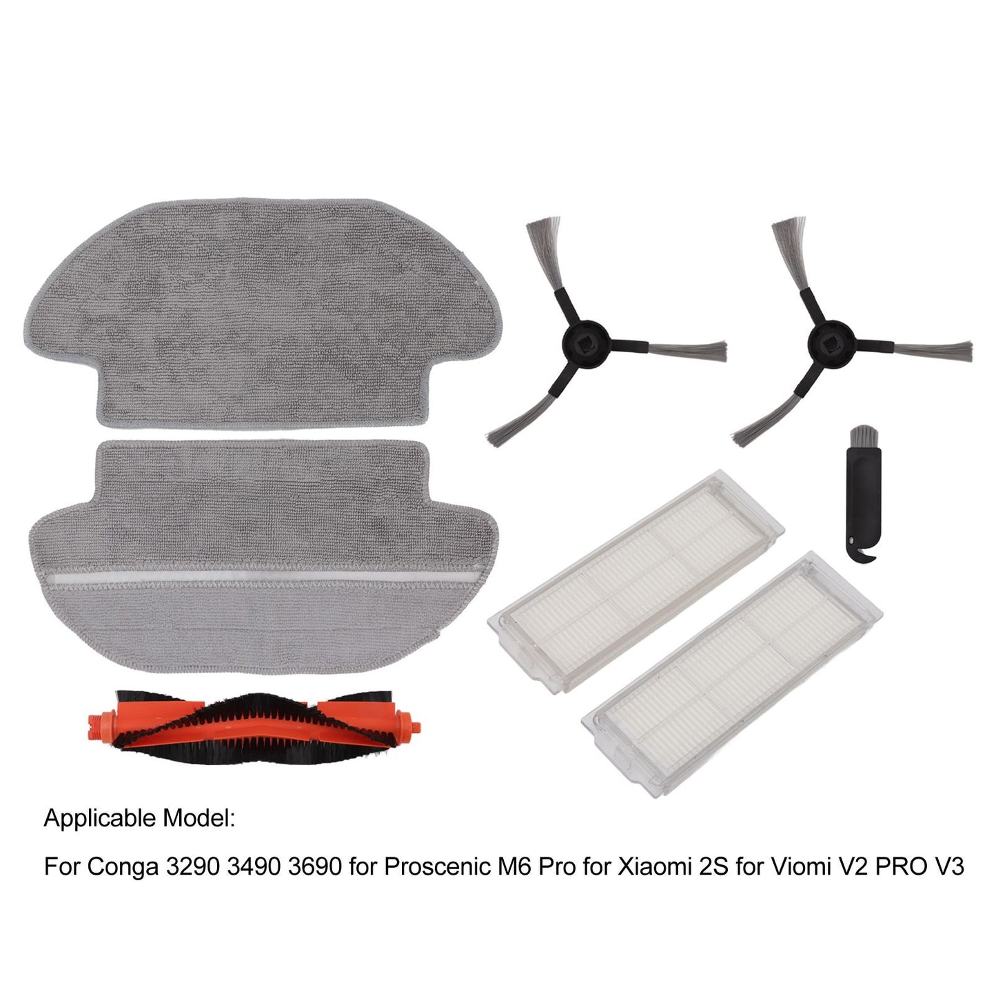 Vacuum Cleaner Main Roller Brush Kit with Side Brush Mop Cloth Filter for Conga 3290 3490 3690 for Proscenic V1294-YM0512-3113220272011