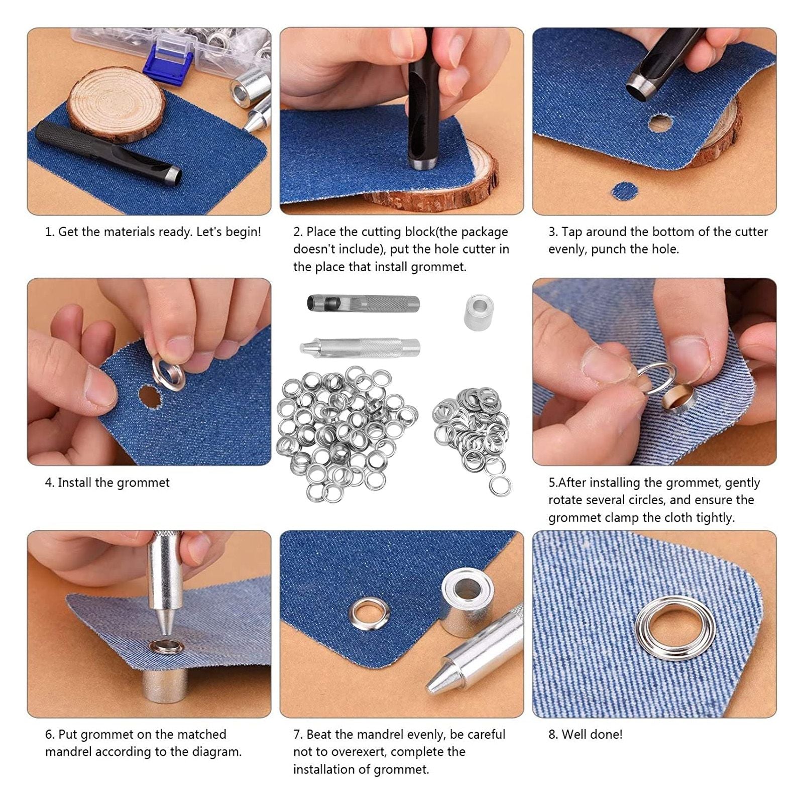 Grommet Tool Kit 100 Set Grommet Eyelets with Setting Tools Hole Cutter Mandrel for Tarps Handicraft V1294-YM0512-3114220091011